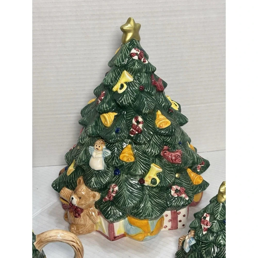 RARE! Vintage 1995 Jay Import Christmas Tree Tea Teapot‎ Creamer Cookie Jar Set